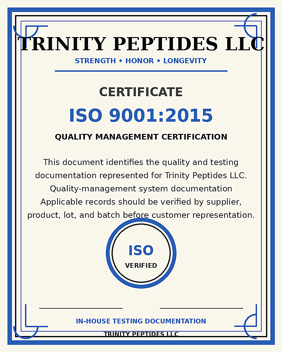 Trinity Peptides LLC ISO 9001 quality-management certificate illustration